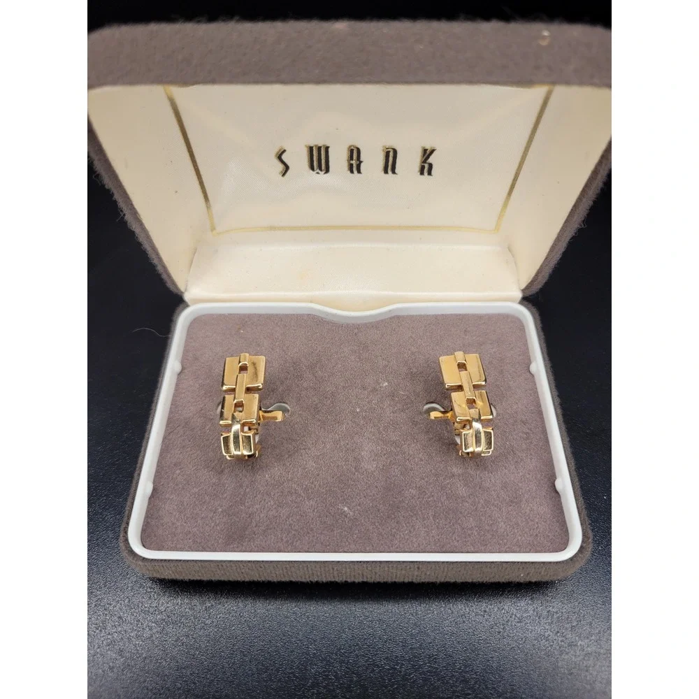 Swank Cufflinks Gold Tone Geometric Chain Link Design Boxed Excellent